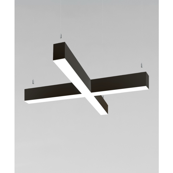 12100-20-X-P x-shaped pendant light shown with a black finish, flush trimless lens and aircraft cable suspension