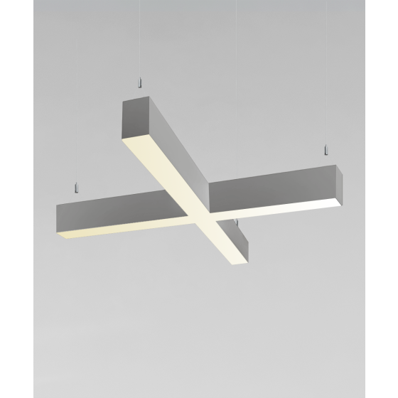 12100-20-X-P-TW x-shaped pendant light shown with a silver finish and tunable white light capabilities.