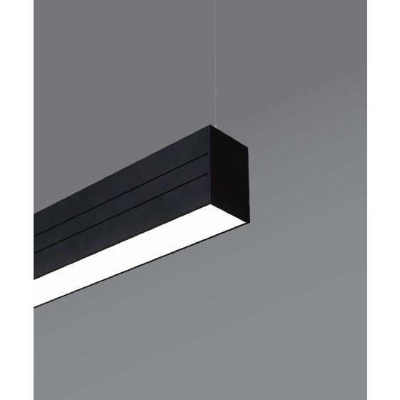 12100-21-P suspended pendant light shown with black finish and flat lens