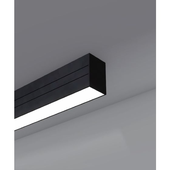 Alcon 12100-21-S, surface linear ceiling light shown in black finish with a flush trim-less lens