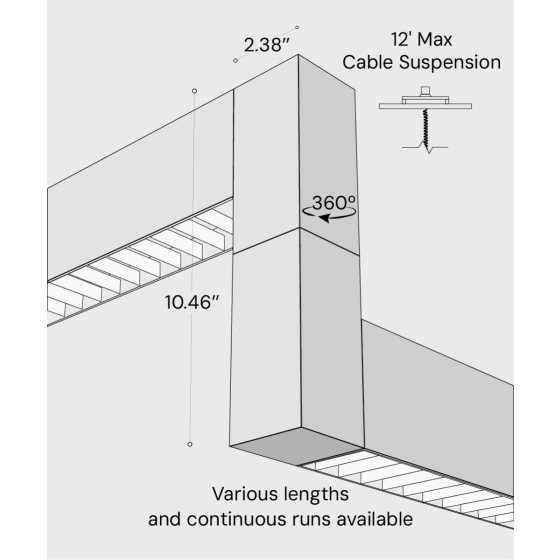 12100-22-P-Z-L 3D suspended linear LED lighting system shown with black finish and louver lens