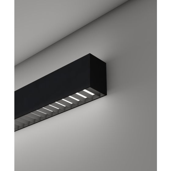 12100-22-W-L linear LED wall light shown with black finish and louver lens