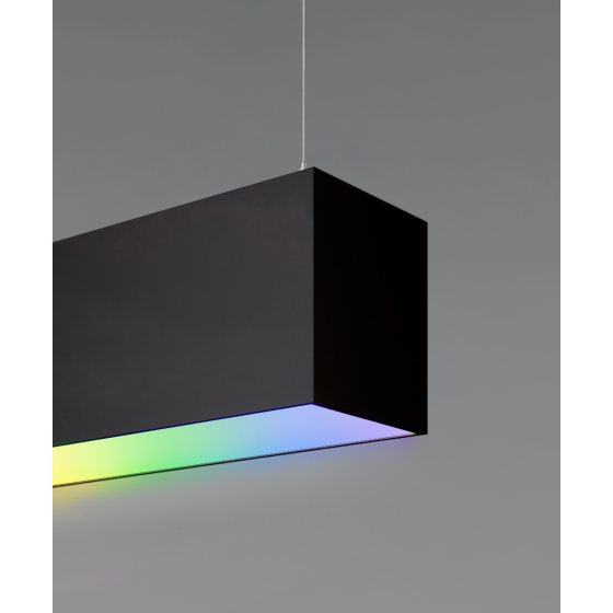 12100-40-P-RGBW suspended color changing pendant light shown with black finish and flush lens