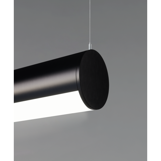 Alcon 12100-R4, round pendant light shown in satin black finish and with a flushed, curved lens.