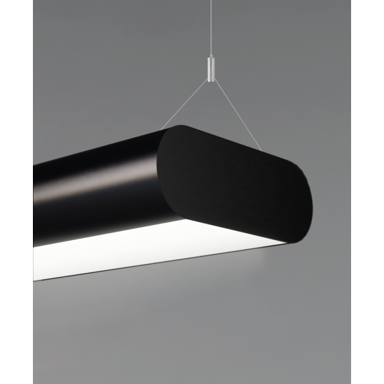 Alcon 12146-P, pill shaped suspended pendant light shown in satin black finish and with a central flushed lens.