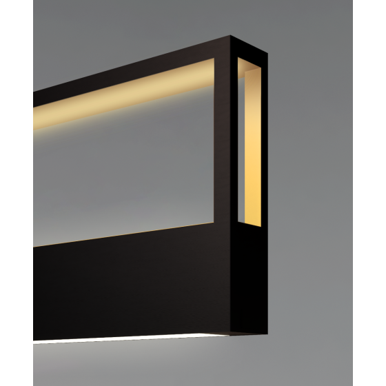 Alcon 12142-P, suspended linear pendant light shown in black exterior finish, gold interior finish, bottom flushed lens, and an up-facing mid-point lens.