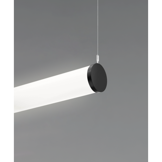 Alcon 12143-HR-P, suspended cylindrical linear pendant light shown in black finish and with center lens.