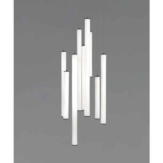 Alcon 12146-9R Suspended commercial vertical cylinder pendant shown with slim black end caps and 360 wrapping illuminated lens. Shown in a set of 9 at various lengths.