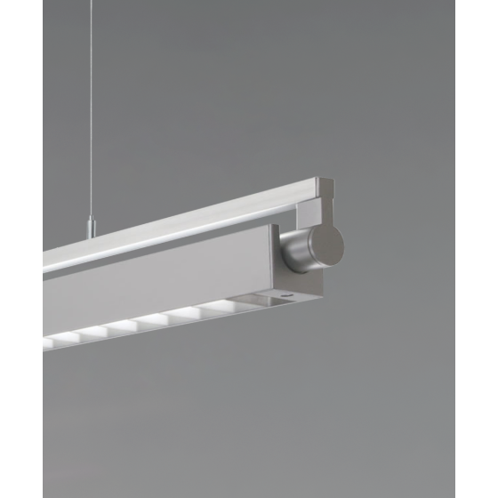 Alcon 12160-P-LDI, suspended linear pendant light shown in silver finish and with a rotating boxed louvered  lens.