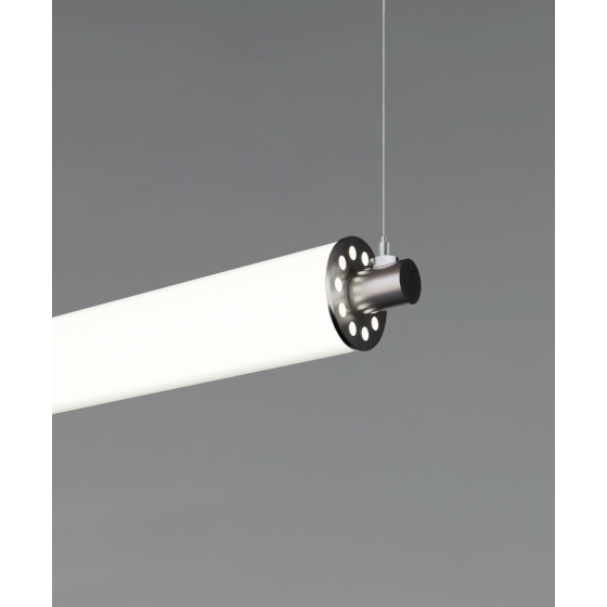 Alcon 12168-1-H-P, suspended linear pendant light shown in silver finish and with a central cylindrical lens.