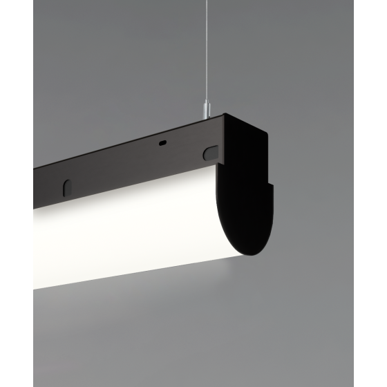 Alcon 12184-P, slim, round bottomed, suspended pendant light shown in satin black finish and with a side wrapping flushed lens.