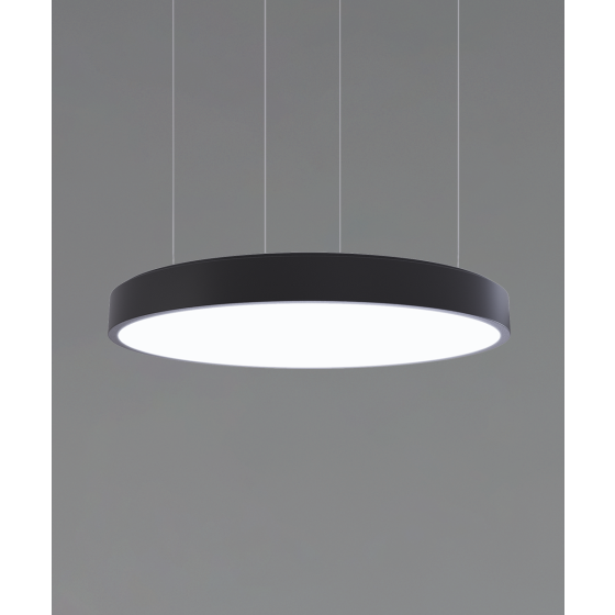 12201 round-panel pendant light shown in black finish with a flush trimless lens.