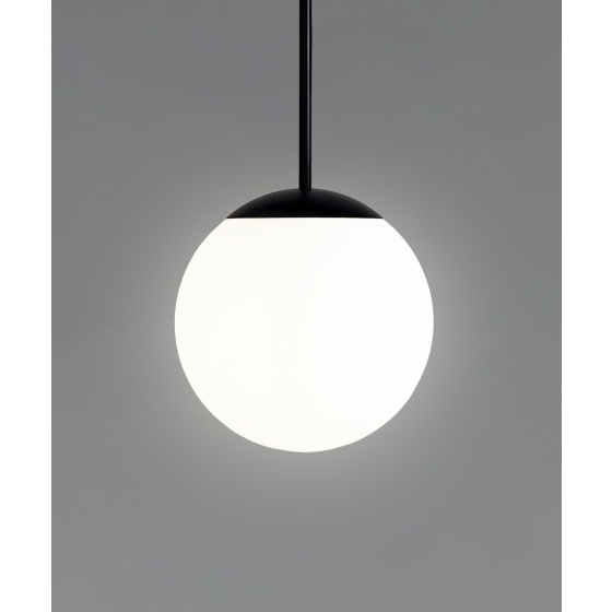 12215 globe pendant light shown in a black finish and with a white, heat-resistant, polyethylene globe