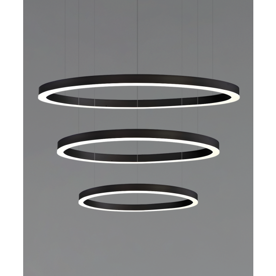 Alcon 12234-P, three-layers tiered suspended commercial pendant light shown in black finish and with a flush trim-less lens.