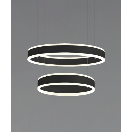 Alcon 12270-2-P, suspended commercial pendant light shown in black finish and with a flush trim-less lens.