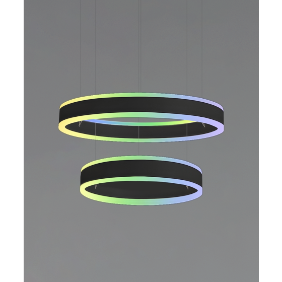 Alcon 12270-2-RGBW-P, suspended commercial 2 tiered ring pendant light shown in black finish.