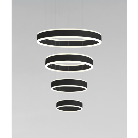 Alcon 12270-4-P, suspended commercial 4 tiered ring pendant light shown in black finish.