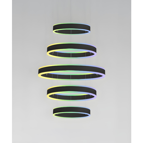 Alcon 12270-5-RGBW-P, suspended commercial 5 tiered ring pendant light shown in black finish.