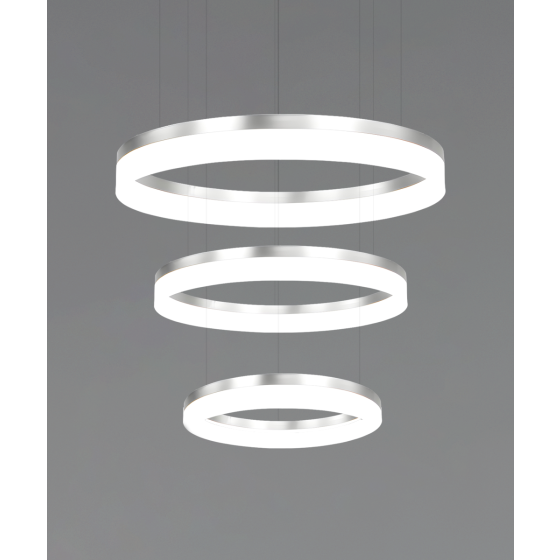 Alcon 12272-3-P, three-layered tiered suspended commercial ring pendant light shown in silver finish and with a flush trim-less lens.