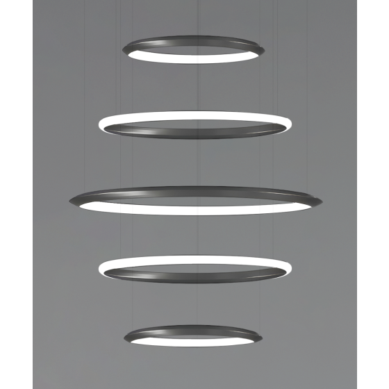 Alcon 12279-5-P, suspended commercial 5 tiered ring pendant light shown in black finish.