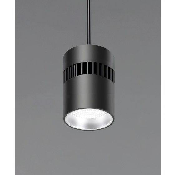 Alcon 12301-6-P, suspended commercial cylindrical pendant light shown with black fins and black housing finish.