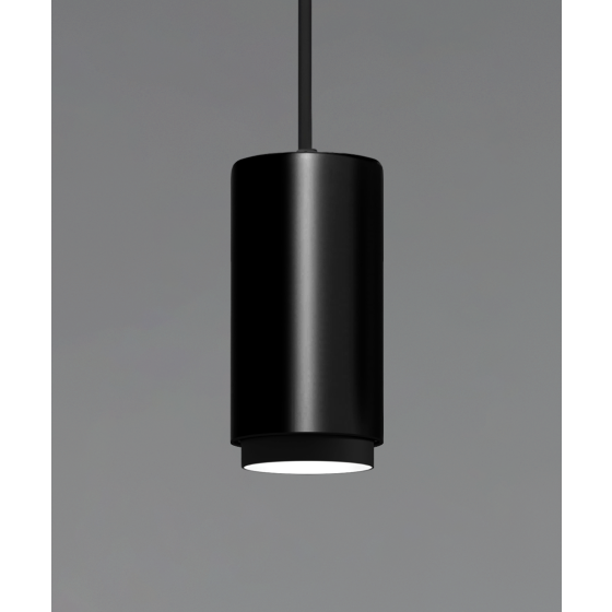 Alcon 12302-P-TGS, suspended commercial anti-glare shade cylindrical pendant light shown in black finish.