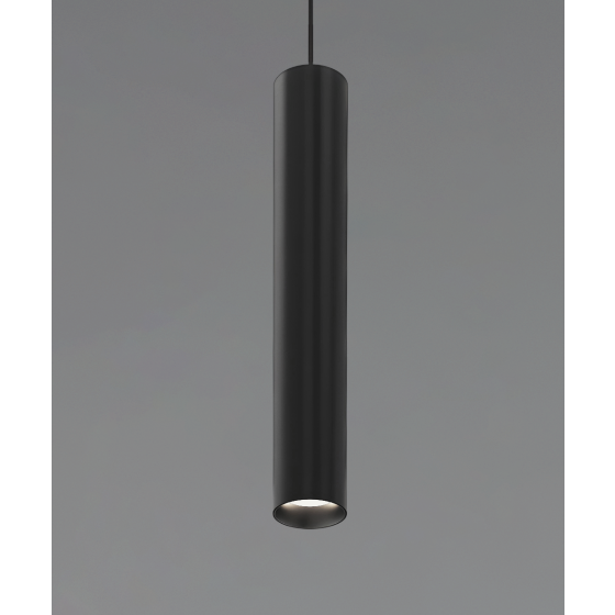 Alcon 12305-P, suspended commercial cylindrical pendant light shown in black finish.