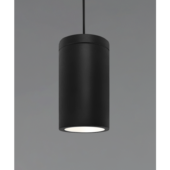  Alcon 12306-P, suspended commercial flush-lens cylindrical pendant light shown in black finish.