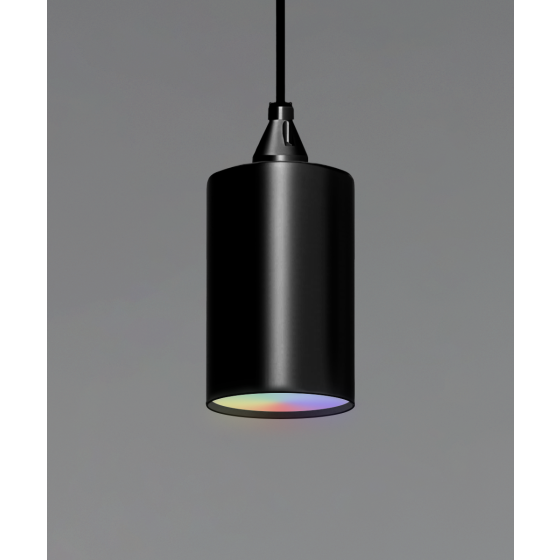 Alcon 12400-4P-RGBW, suspended commercial cylindrical pendant light shown in black finish