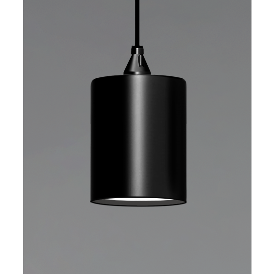 Alcon 12400-6P, suspended commercial cylindrical pendant light shown in black finish