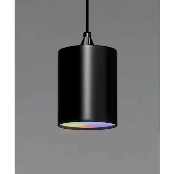 Alcon 12400-6P-RGBW suspended commercial cylindrical pendant light shown in black finish