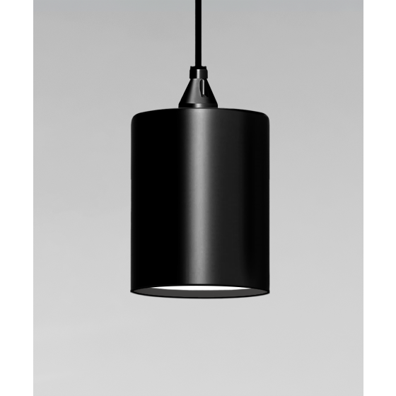 Alcon 12400-6P, suspended commercial cylindrical pendant light shown in black finish