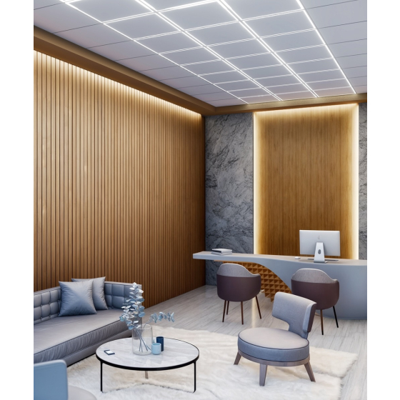 Application of the 14029 edge-lit panel light shown mounted in a grid ceiling in a modern office with daylight white (5000K) color temperature selected.