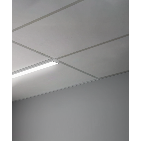 Alcon 14030-10-S, T-bar attaching surface linear ceiling light shown in silver and with a flush lens.