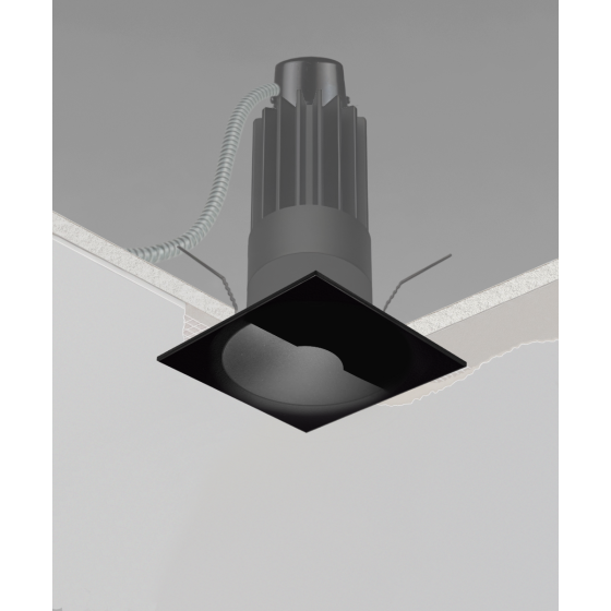 Alcon 14122-S-WW Wall washing recessed square LED can light shown in black finish and with flanged edge.