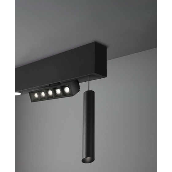 Alcon 15100-S, surface linear ceiling light shown in black finish and with modular in-set lighting components.