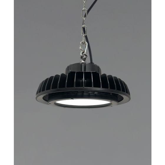 Alcon 15130, suspended commercial pendant light shown in black finish and with an inset trimmed lens and chain hanging cable.