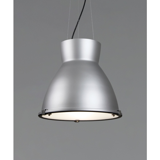 15203 industrial high bay pendant light shown in silver finish and with an hourglass shaped open-lens housing. 