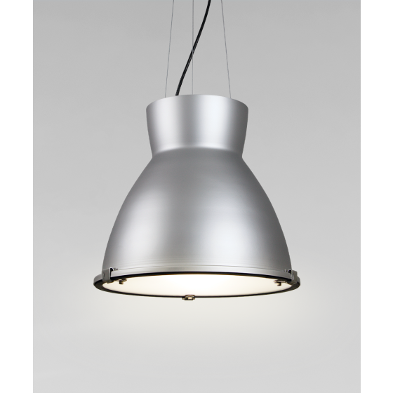 15203 industrial high bay pendant light shown in silver finish and with an hourglass shaped open-lens housing. 