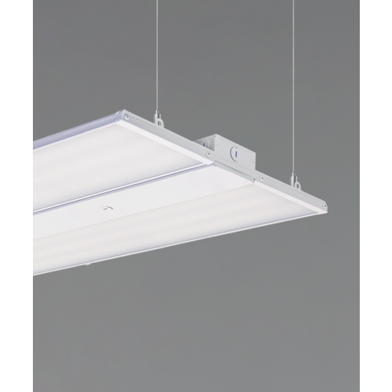 Alcon 15223, suspended commercial pendant light shown in silver finish and with a split flush trimmed lens.