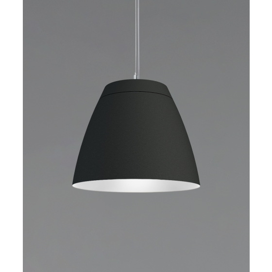 Alcon 15230, suspended commercial pendant light shown in black finish and with a cut-top open dome housing with gold interior.