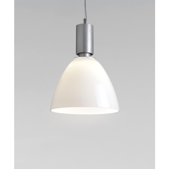 Alcon 15235, suspended commercial pendant light shown in silver finish and with an open bowl-shaped white acrylic lens.