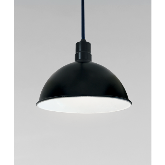Alcon 15240, suspended commercial pendant light shown in black finish and with an open dome housing.
