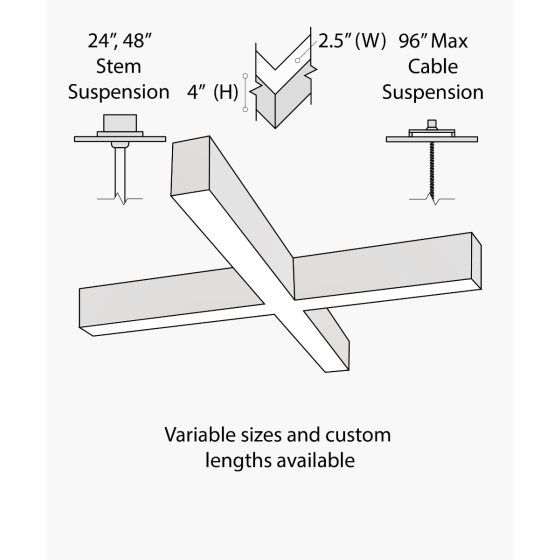 12100-20-X-P x-shaped pendant light shown with a black finish, flush trimless lens and aircraft cable suspension