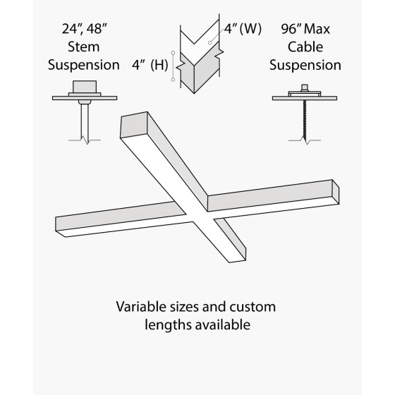 12100-40-X-P x-shaped pendant light shown in black finish and with a flush, 4-inch trimless lens.