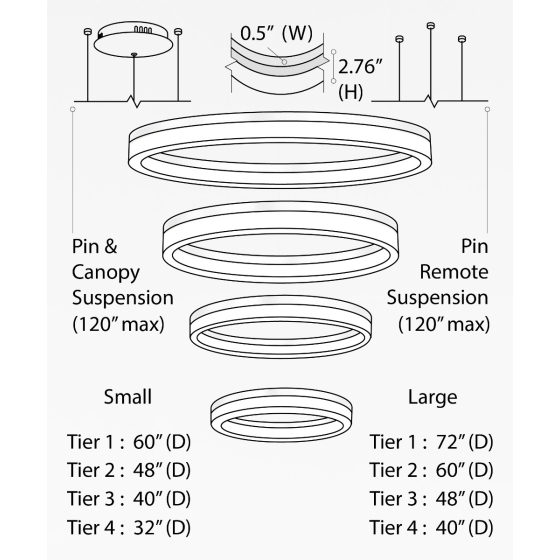 Alcon 12272-4-P, suspended commercial 4 tiered ring pendant light shown in silver finish.