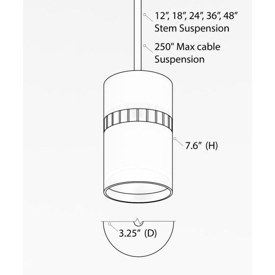 Alcon 12301-4-P, suspended commercial cylindrical pendant light shown with white fins and white housing finish.