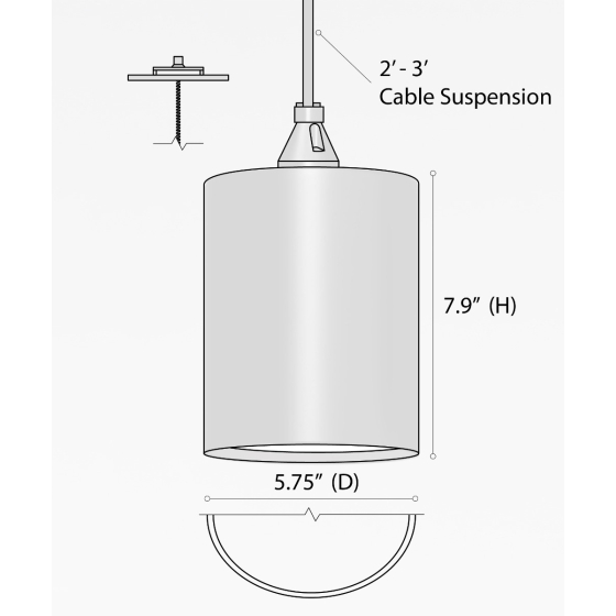 Alcon 12400-6P, suspended commercial cylindrical pendant light shown in black finish