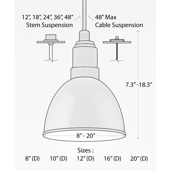 Product rendering of the 15201 industrial dome light pictured with a red exterior finish, white interior finish and black suspension cable