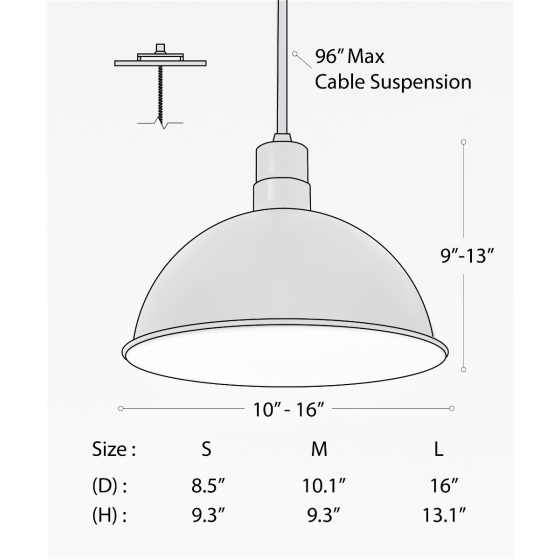 Alcon 15240-16, suspended commercial pendant light shown in black finish and with an open dome housing.